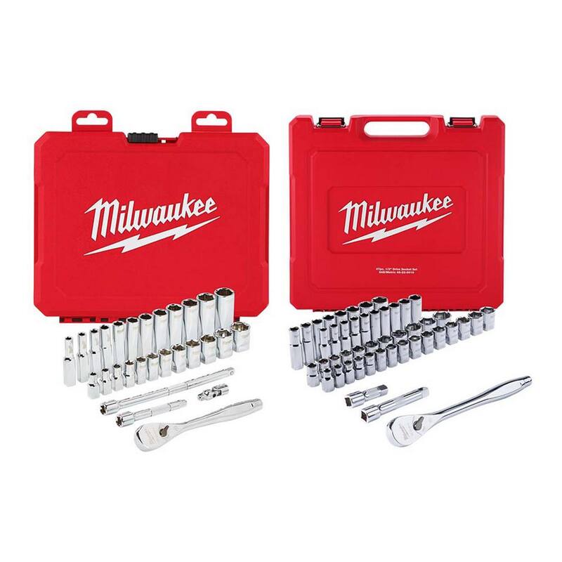 Juego de herramientas mecánicas Milwaukee de 1/4 de pulgada con trinquete/vasos métricos y juego de trinquetes/vasos SAE/Métricos de 1/2 de pulgada (75 piezas) - 48-22-9504-48-22-9010.