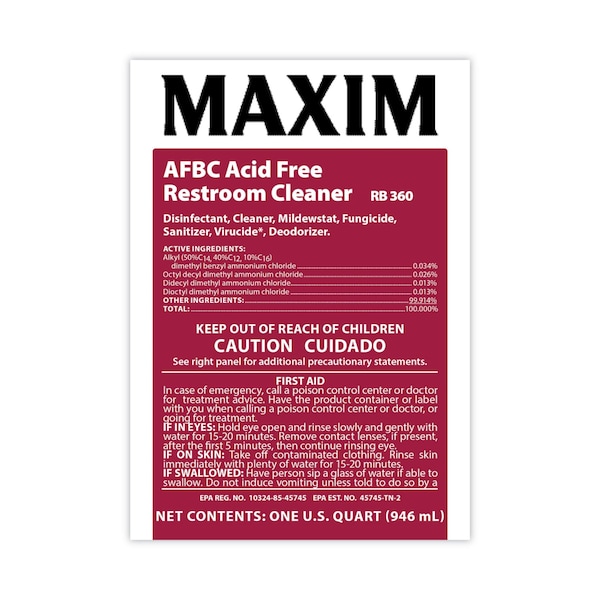 Limpiador para baño sin ácido AFBC Maxim, aroma fresco, botella de 32 oz, paquete de 6 - 036000-86