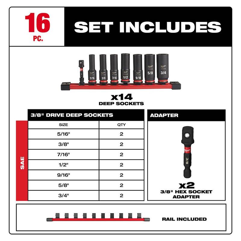 Juego de llaves de vaso profundas calificadas para impacto SAE de 3/8 pulg. Milwaukee SHOCKWAVE (16 piezas) - 49-66-7024-49-66-7024
