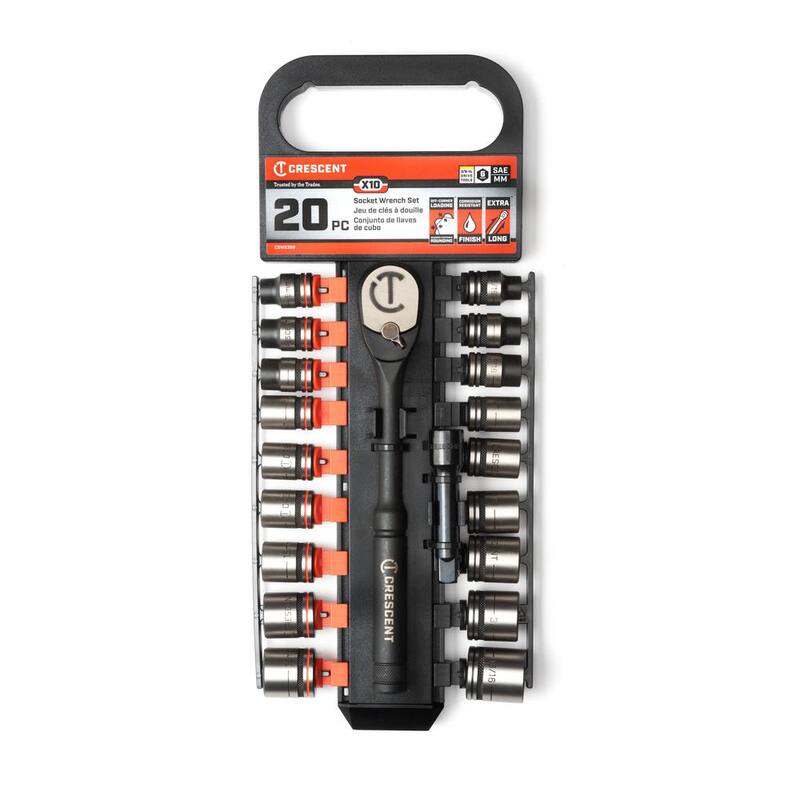 Juego de matraca y dados estándar SAE/Métrica de 3/8 pulgadas de 6 puntos Crescent X10 (20 piezas) - CSWS38B