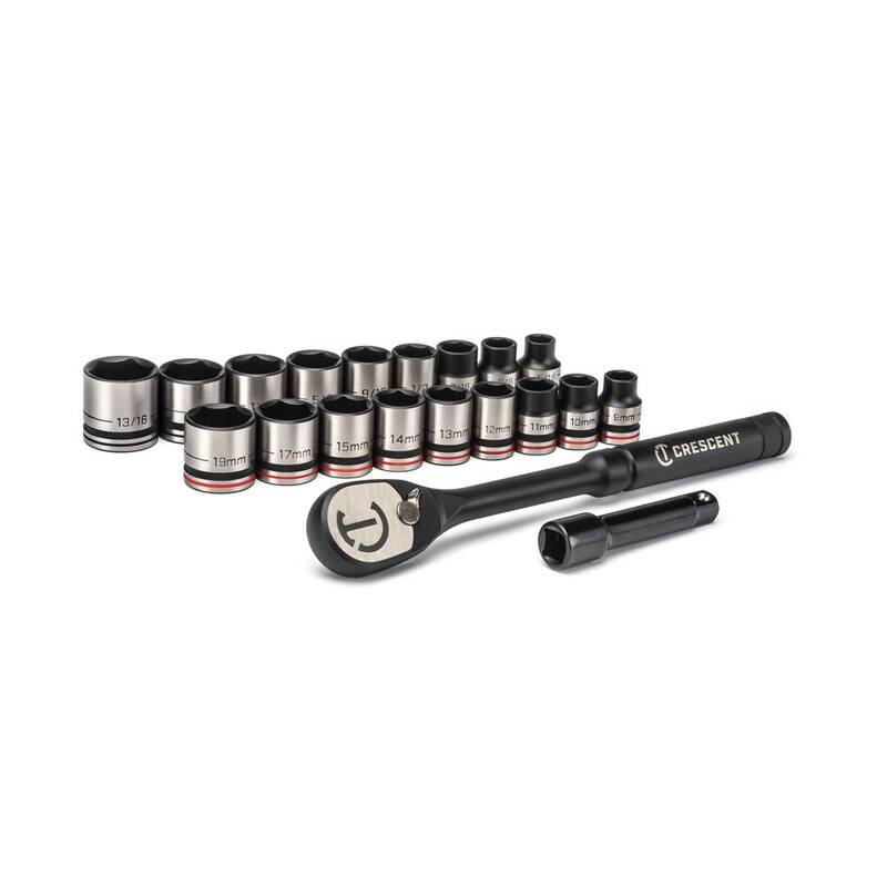 Juego de matraca y dados estándar SAE/Métrica de 3/8 pulgadas de 6 puntos Crescent X10 (20 piezas) - CSWS38B