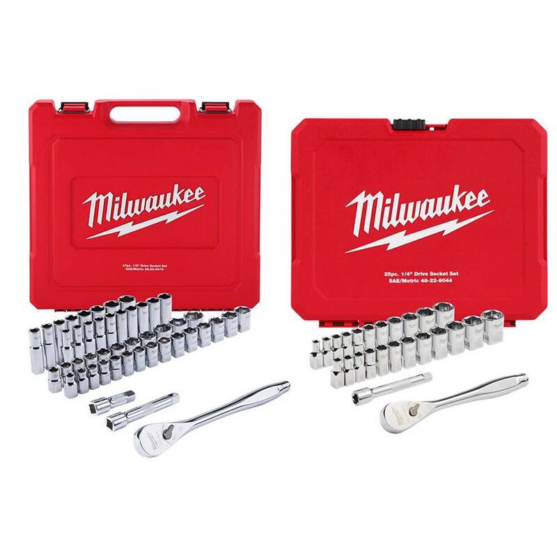 Set de herramientas mecánicas Milwaukee de trinquete y dado de 1/2 y 1/4 pulgadas, estándar y métrico (72 piezas) - 48-22-9010-48-22-9044
