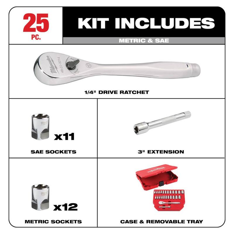 Set de herramientas mecánicas Milwaukee de trinquete y dado de 1/2 y 1/4 pulgadas, estándar y métrico (72 piezas) - 48-22-9010-48-22-9044