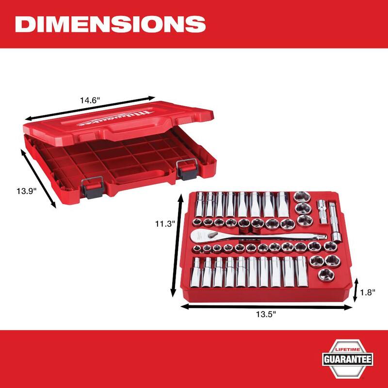 Set de herramientas mecánicas Milwaukee de trinquete y dado de 1/2 y 1/4 pulgadas, estándar y métrico (72 piezas) - 48-22-9010-48-22-9044