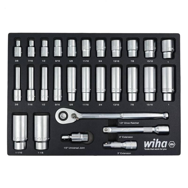 Juego de bandejas de puntas de dados profundos de 1/2 pulg. de Wiha - SAE (28 piezas) Juego estándar profesional de unidades - 33896