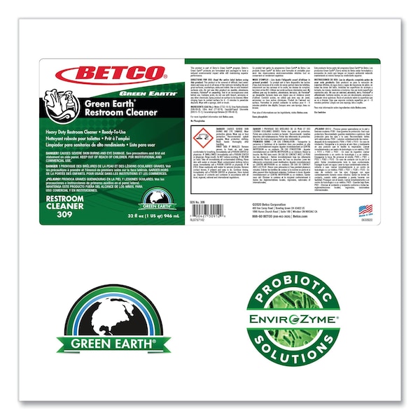 Limpiador para baños Betco Green Earth RTU, aroma a menta fresca, botella de 32 oz, paquete de 12 unidades - 3091200