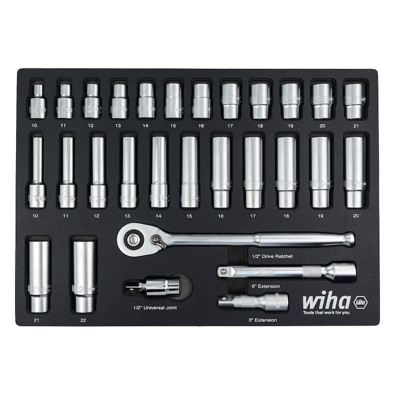 Juego de bandejas de enchufes profundos Wiha 1/2 in. - Métrico (29 piezas) Drive Estándar Profesional y - 33895