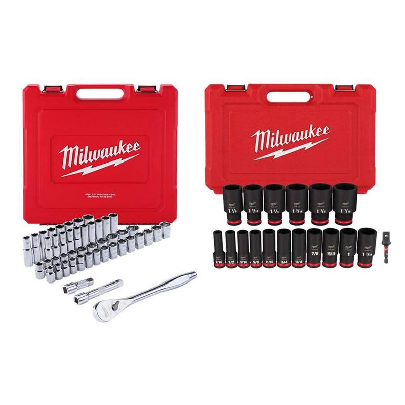 Juego de mecanismos de trinquete y llaves de vaso Milwaukee de 1/2 pulgadas de accionamiento SAE/Métrico con set de enchufes de impacto SAE de 1/2 pulgadas (65 piezas) - 48-22-9010-49-66-7093.
