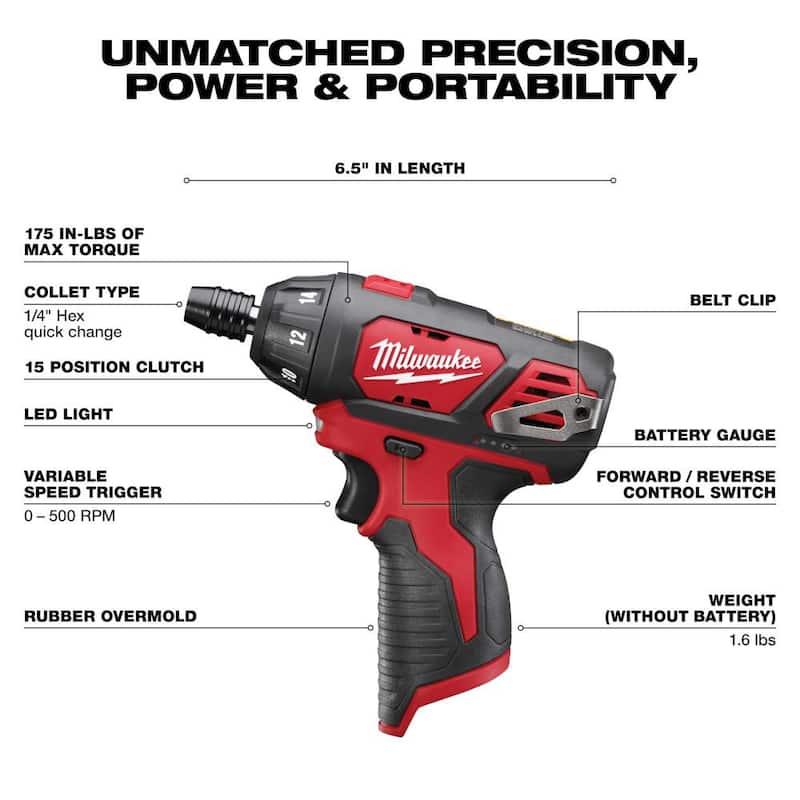 Milwaukee M12 12V Destornillador inalámbrico de iones de litio de 1/4 de pulgada con hexágono (herramienta solamente) - 2401-20