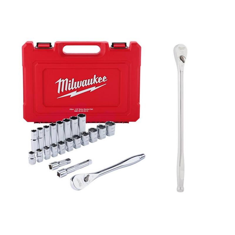 Juego de herramientas para mecánicos de Milwaukee con trinquete y dado de 1/2 pulgadas, con trinquete de extensión de 18 pulgadas de 90 dientes con 23 piezas - 48-22-9410-48-22-9050