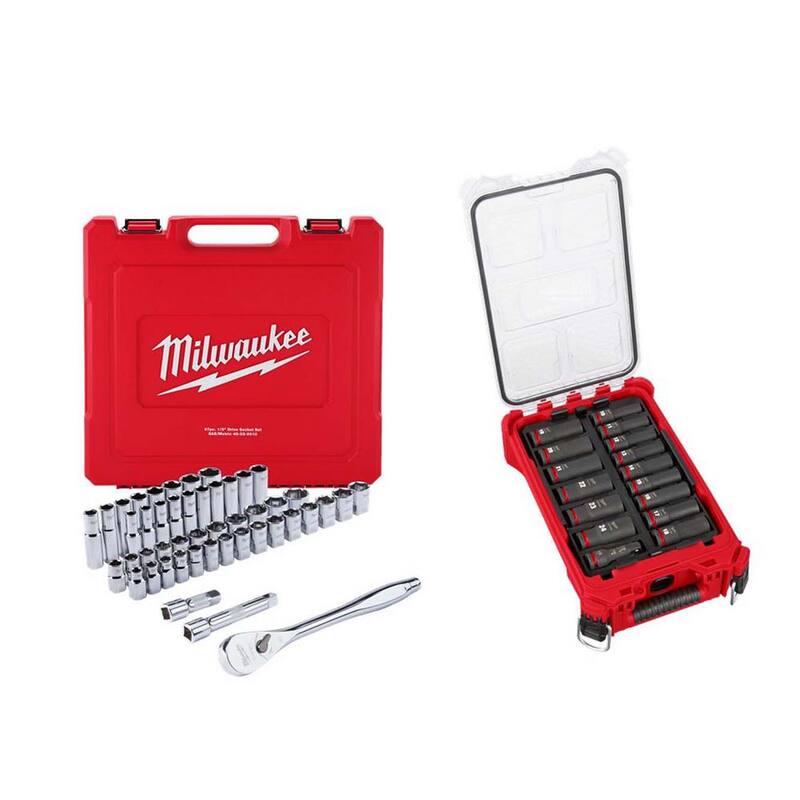 Juego de herramientas Milwaukee de trinquete y sockets SAE/Métricos de 1/2 pulgada y Juego de impacto de sockets profundos métricos para PACKOUT de 1/2 pulgada (63 piezas) - 48-22-9010-49-66-6803.