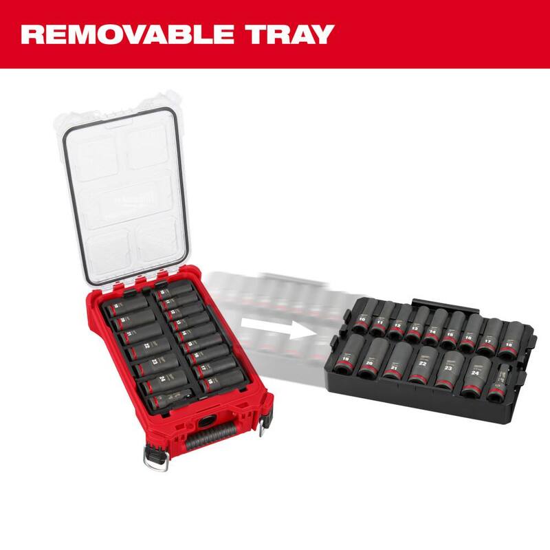 Juego de herramientas Milwaukee de trinquete y sockets SAE/Métricos de 1/2 pulgada y Juego de impacto de sockets profundos métricos para PACKOUT de 1/2 pulgada (63 piezas) - 48-22-9010-49-66-6803.