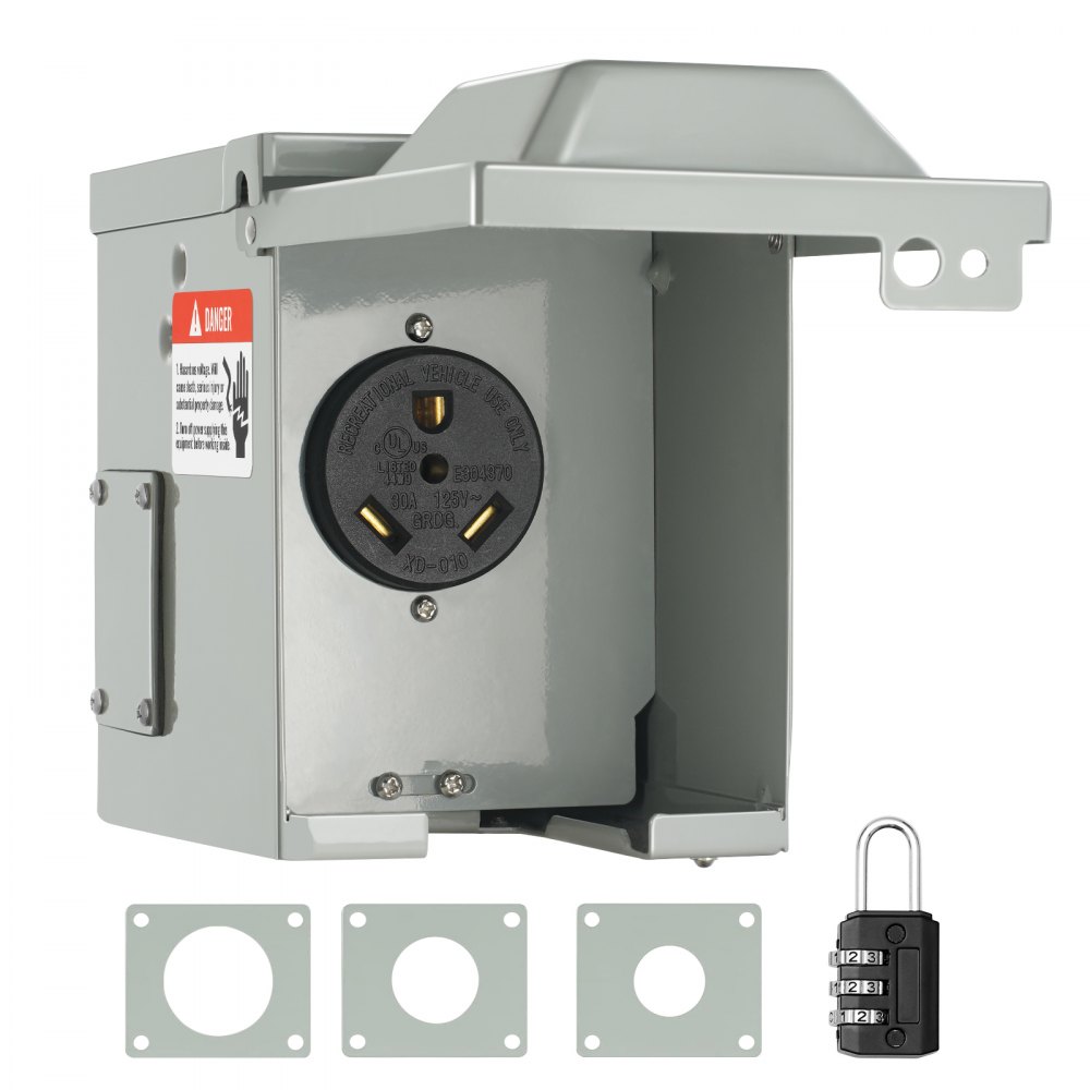 VEVOR 30 Amp RV Power Outlet Box, 125/250 Volt, Enclosed Lockable Outdoor RV Receptacle Box, NEMA TT-30R Weatherproof Electrical Panel, for RV Camper Trailer Motorhome Tested to UL Standards - DGNRV30ATT30RA943V0