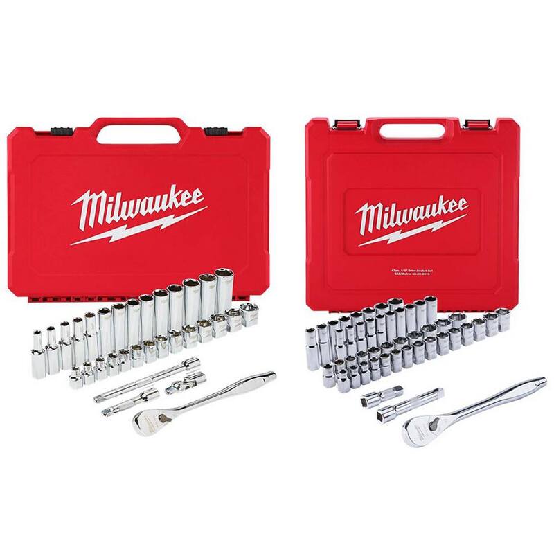 Set de herramientas de mecánica Milwaukee de 3/8 pulg. con trinquete/dado métrico con set de trinquete/dado SAE/métrico de 1/2 pulg. (79 piezas) - 48-22-9508-48-22-9010
