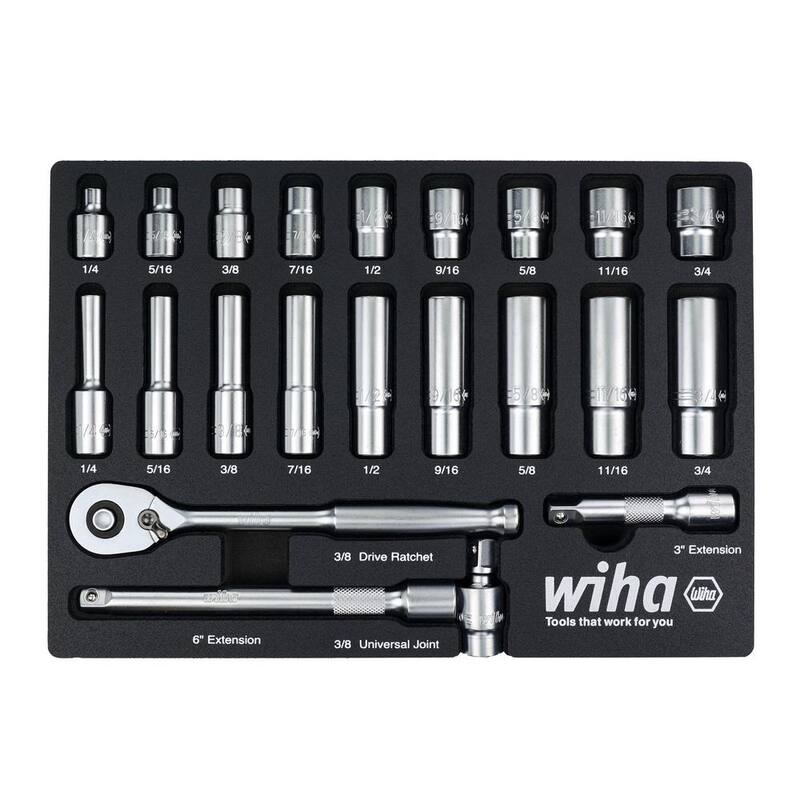 Bandeja de Vasos Profundos Wiha de 3/8 pulgadas - SAE (Conjunto de 22 piezas) Estándar Profesional de 3/8 pulgadas - 33796