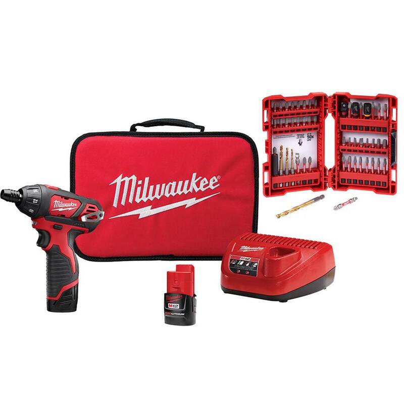 Juego de destornillador inalámbrico Milwaukee M12 de 12V de iones de litio de 1/4 de pulgada con juego de puntas de acero aleado SHOCKWAVE Impact Duty Driver (50 piezas) - 2401-22-48-32-4024.