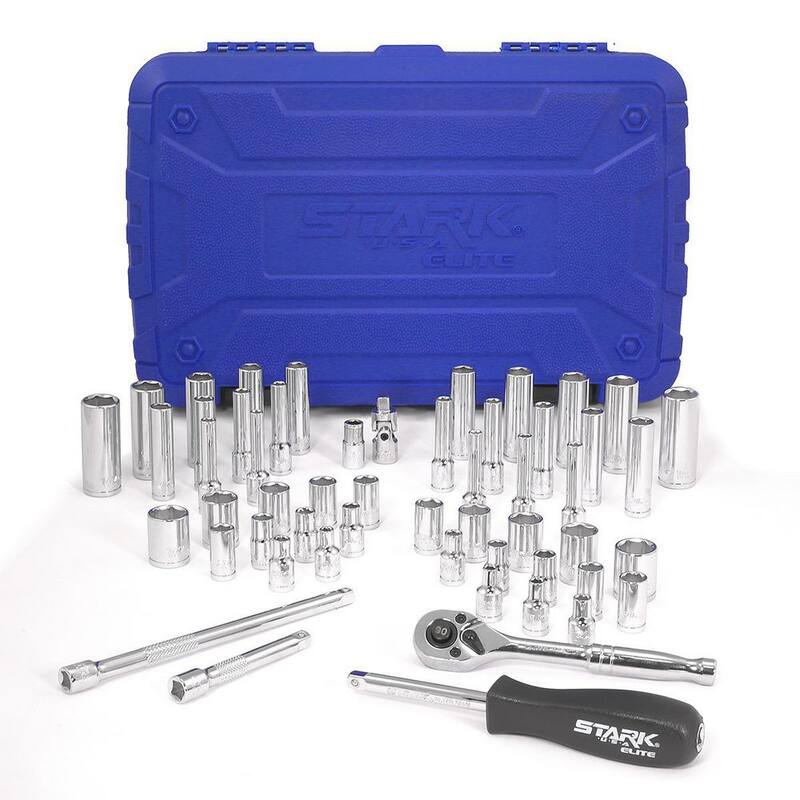 STARK USA Juego de Vasos de 1/2 pulgada con Trinquete 90T y Barras de Extensión SAE y Métricas de CR-V (55 piezas) - 35300