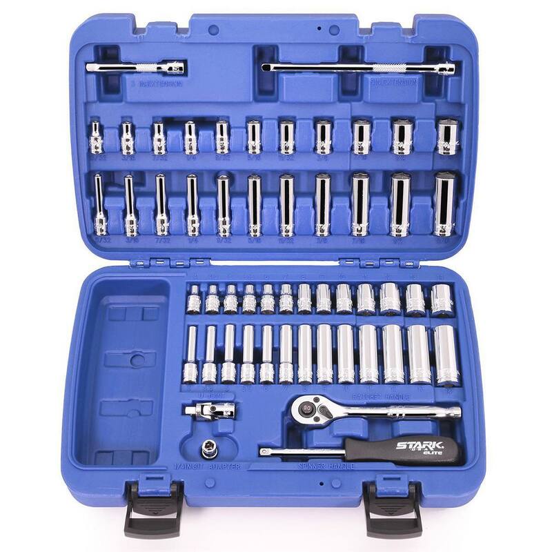 STARK USA Juego de Vasos de 1/2 pulgada con Trinquete 90T y Barras de Extensión SAE y Métricas de CR-V (55 piezas) - 35300