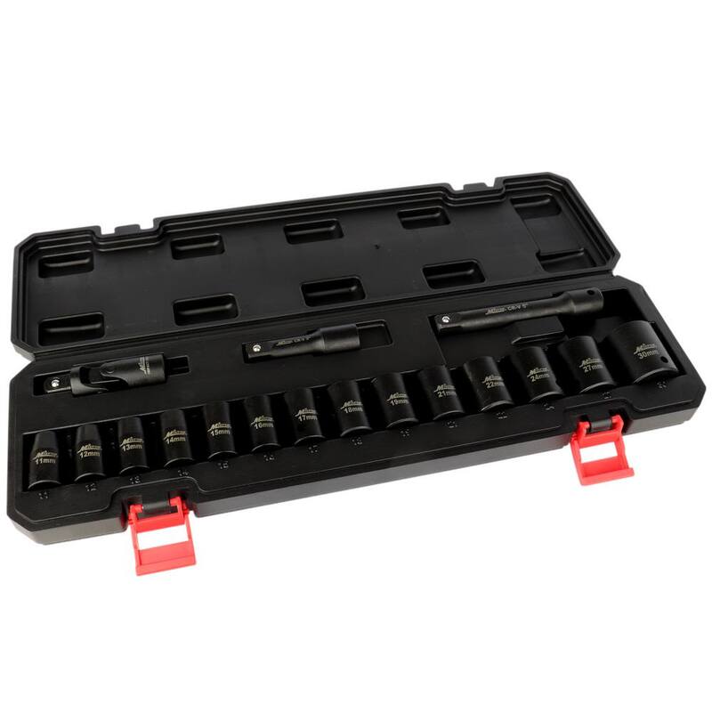Juego de 17 piezas de dados de impacto métricos de 11-30 mm Milton de 1/2 pulgada de entrada con articulación universal y barras de extensión - 1300-SS-06