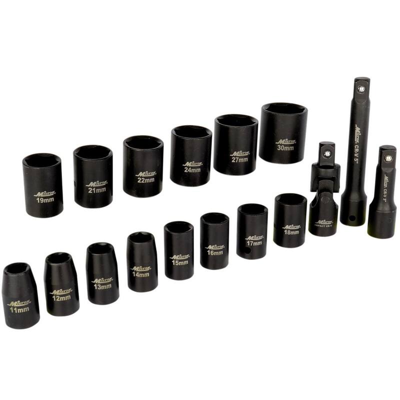 Juego de 17 piezas de dados de impacto métricos de 11-30 mm Milton de 1/2 pulgada de entrada con articulación universal y barras de extensión - 1300-SS-06