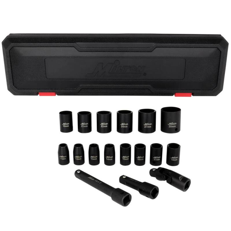 Juego de 17 piezas de dados de impacto métricos de 11-30 mm Milton de 1/2 pulgada de entrada con articulación universal y barras de extensión - 1300-SS-06