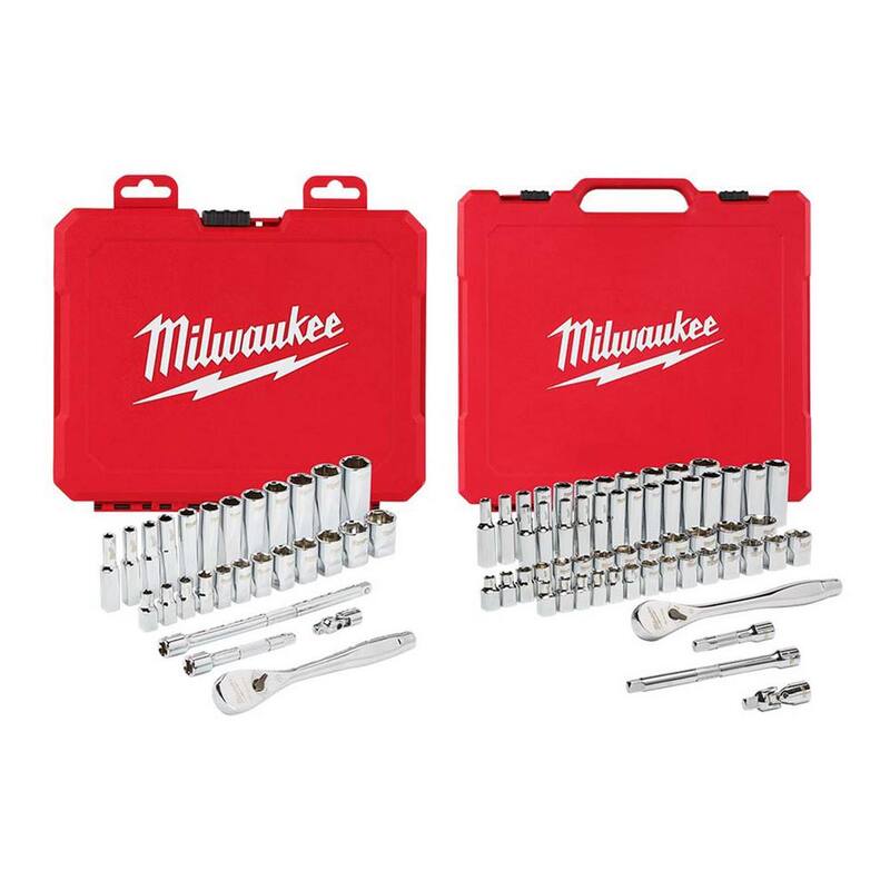Juego de herramientas mecánicas Milwaukee de 1/4 de pulgada con carraca/vasos métricos y juego de carraca/vasos SAE/métricos de 3/8 de pulgada (84 piezas) - 48-22-9504-48-22-9008