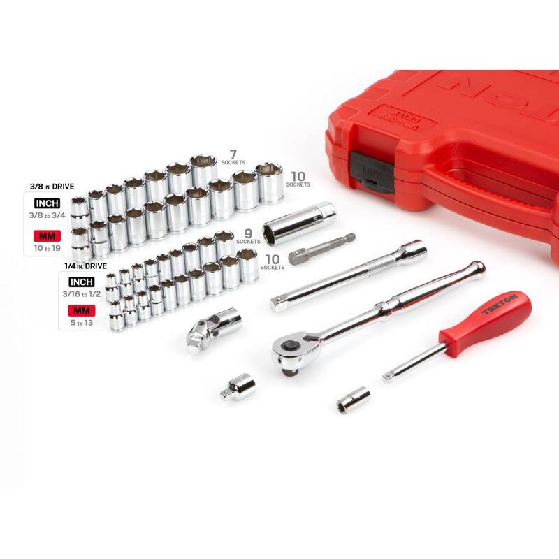 Set de llaves de vaso y trinquete de 6 puntos TEKTON de 3/16 pulg. a 3/4 pulg., de 1/4 pulg. y 3/8 pulg. (45 piezas) (5 mm a 19 mm) - SKT95301.