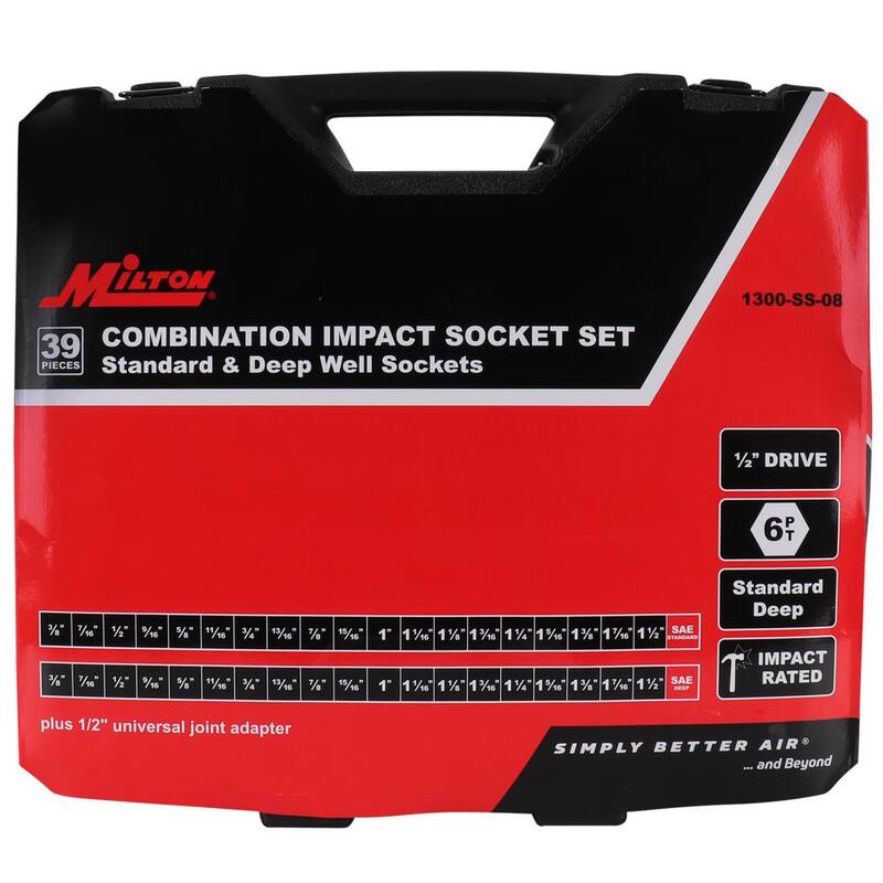 Juego de dados de impacto estándar y profundos de 1/2 pulg. Dr. SAE de 6 puntos de Milton - (39 piezas) - 1300-SS-08