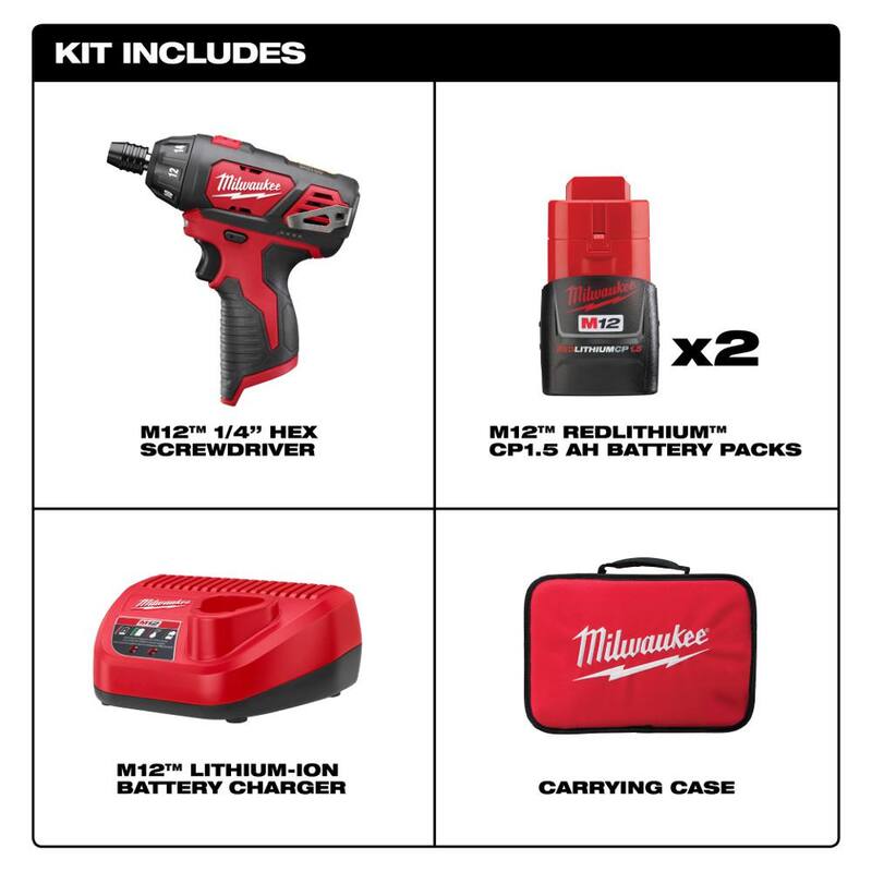 Milwaukee M12 12V Kit de Destornillador Inalámbrico de 1/4 de pulgada con batería de iones de litio y juego de puntas de destornillador de acero de aleación SHOCKWAVE (72 piezas) - 2401-22-48-32-4497.