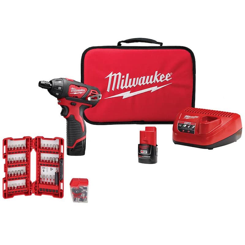 Milwaukee M12 12V Kit de Destornillador Inalámbrico de 1/4 de pulgada con batería de iones de litio y juego de puntas de destornillador de acero de aleación SHOCKWAVE (72 piezas) - 2401-22-48-32-4497.
