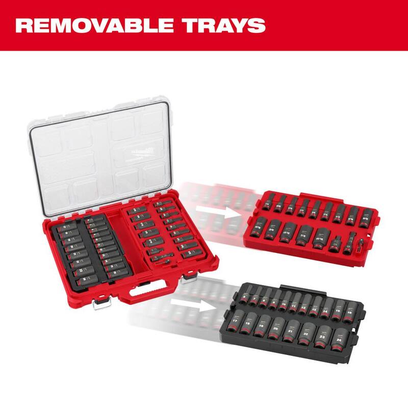 Set de 36 piezas de sockets profundos para impacto Milwaukee SHOCKWAVE de 3/8 pulgadas con sistema métrico y SAE PACKOUT - 49-66-6805