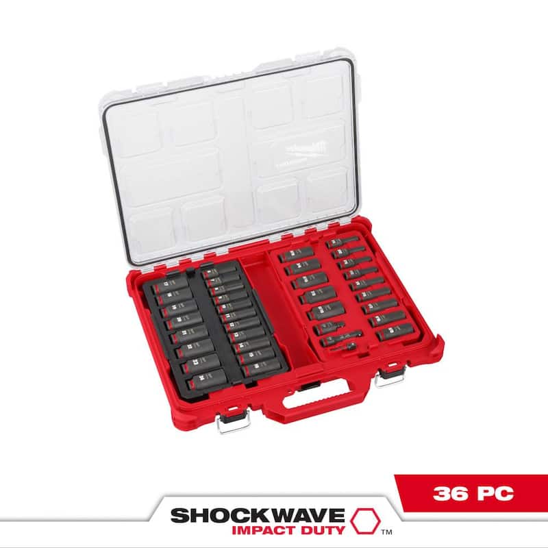 Set de 36 piezas de sockets profundos para impacto Milwaukee SHOCKWAVE de 3/8 pulgadas con sistema métrico y SAE PACKOUT - 49-66-6805