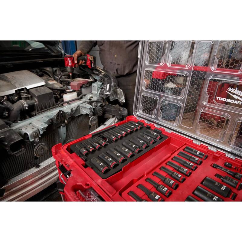 Set de 36 piezas de sockets profundos para impacto Milwaukee SHOCKWAVE de 3/8 pulgadas con sistema métrico y SAE PACKOUT - 49-66-6805