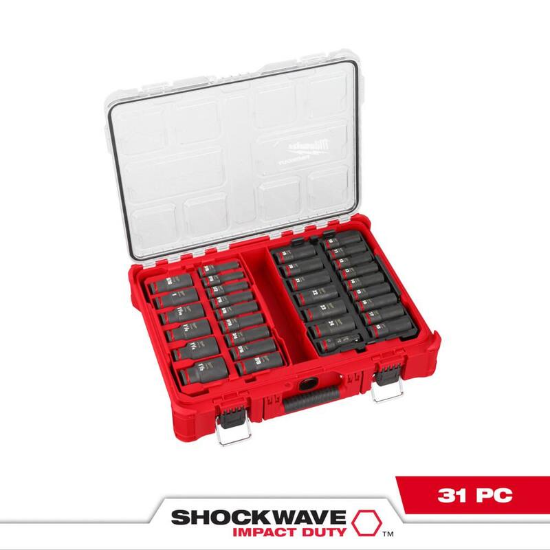 Set de llaves de impacto Milwaukee SHOCKWAVE de 1/2 pulgadas, métricas y SAE, de tipo profundo PACKOUT (31 piezas) - 49-66-6806