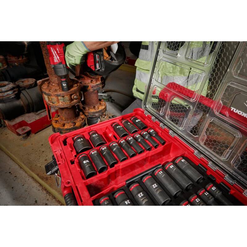 Set de llaves de impacto Milwaukee SHOCKWAVE de 1/2 pulgadas, métricas y SAE, de tipo profundo PACKOUT (31 piezas) - 49-66-6806