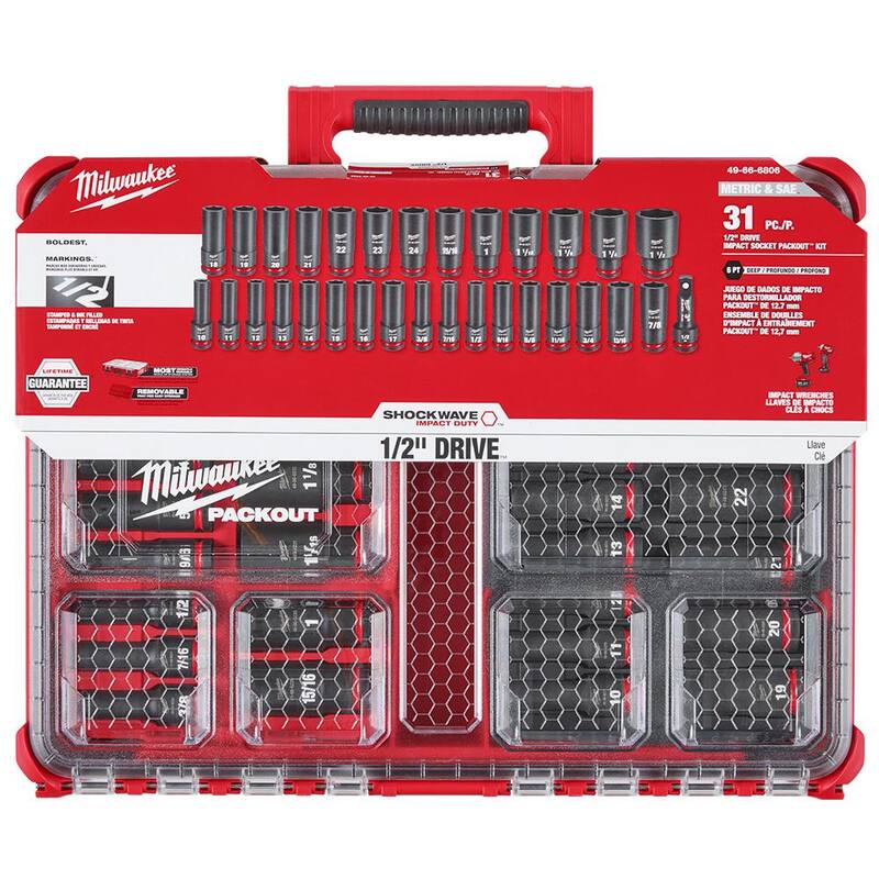 Set de llaves de impacto Milwaukee SHOCKWAVE de 1/2 pulgadas, métricas y SAE, de tipo profundo PACKOUT (31 piezas) - 49-66-6806