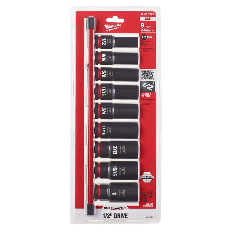 Juego de 9 piezas de dados de impacto de 1/2 pulg. Milwaukee SHOCKWAVE Impact Duty Drive SAE Deep Well (49-66-7022)
