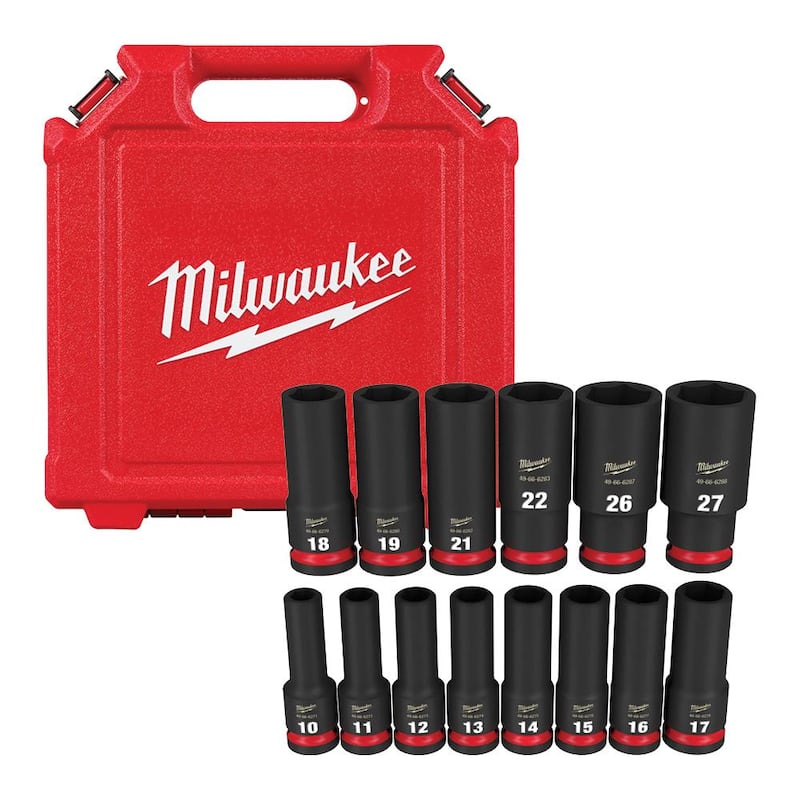 Juego de 14 piezas de dados de impacto de 6 puntos Milwaukee SHOCKWAVE de 1/2 pulgadas de conducción métrica de pozo profundo - 49-66-7014