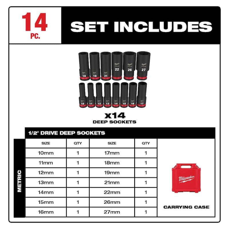 Juego de 14 piezas de dados de impacto de 6 puntos Milwaukee SHOCKWAVE de 1/2 pulgadas de conducción métrica de pozo profundo - 49-66-7014