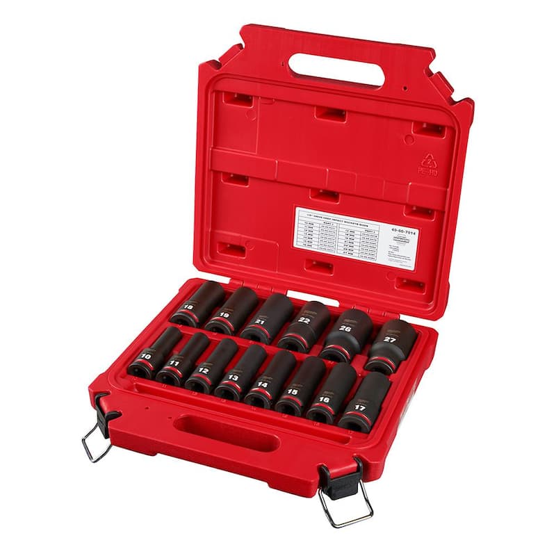 Juego de 14 piezas de dados de impacto de 6 puntos Milwaukee SHOCKWAVE de 1/2 pulgadas de conducción métrica de pozo profundo - 49-66-7014
