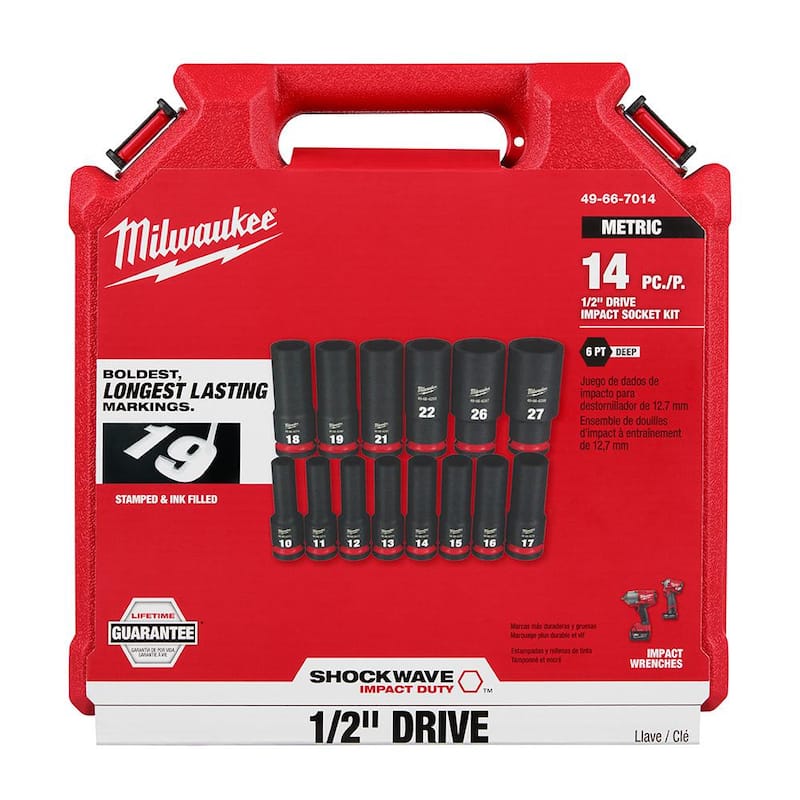 Juego de 14 piezas de dados de impacto de 6 puntos Milwaukee SHOCKWAVE de 1/2 pulgadas de conducción métrica de pozo profundo - 49-66-7014