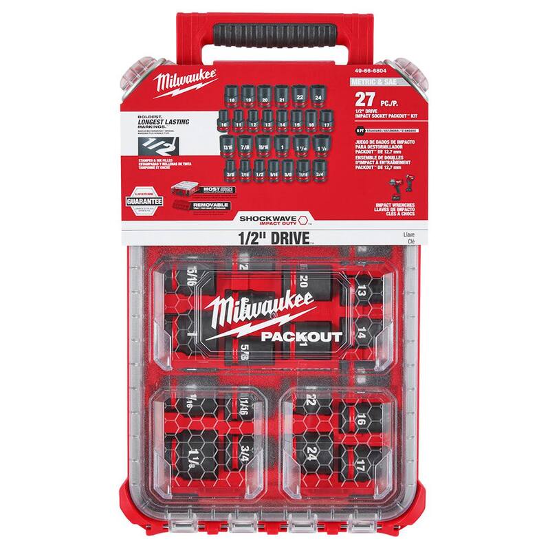 Juego de sockets Impact-Duty Milwaukee SHOCKWAVE de 1/2 pulgadas, Métrico y Estándar SAE para PACKOUT (juego de 27 piezas) - 49-66-6804
