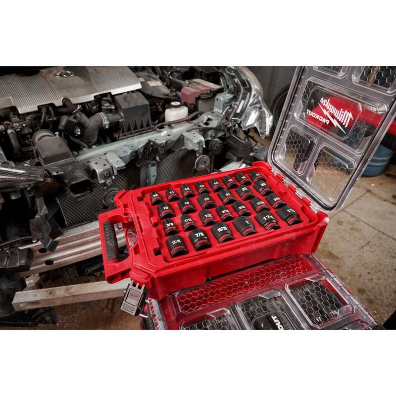 Juego de sockets Impact-Duty Milwaukee SHOCKWAVE de 1/2 pulgadas, Métrico y Estándar SAE para PACKOUT (juego de 27 piezas) - 49-66-6804