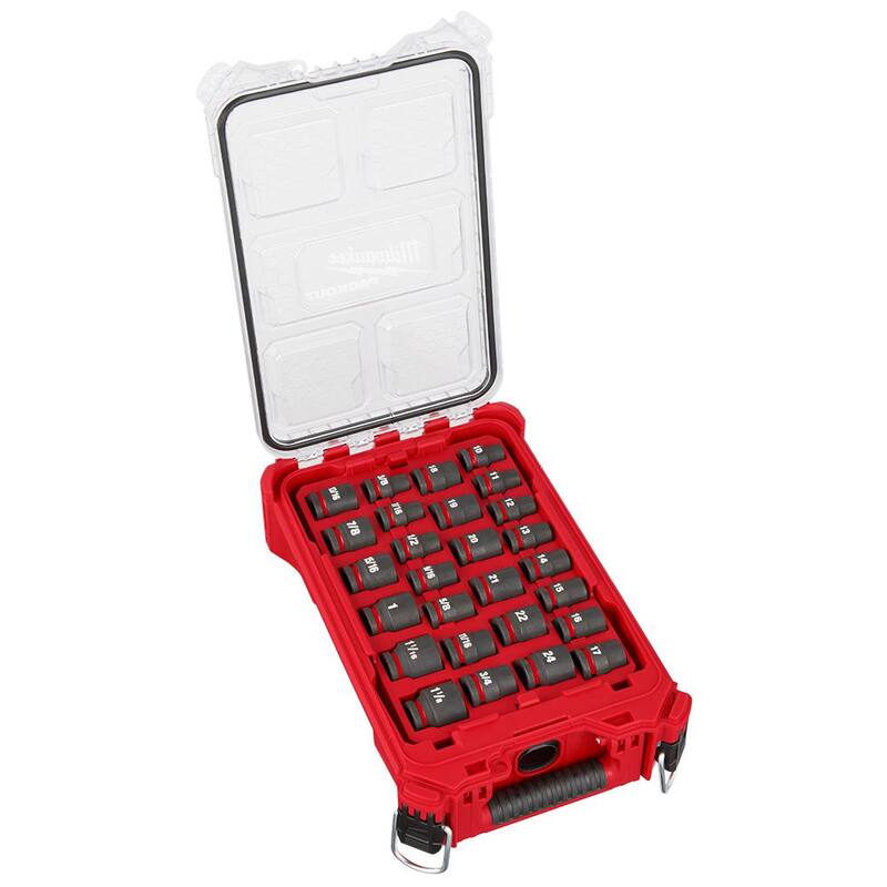 Juego de sockets Impact-Duty Milwaukee SHOCKWAVE de 1/2 pulgadas, Métrico y Estándar SAE para PACKOUT (juego de 27 piezas) - 49-66-6804