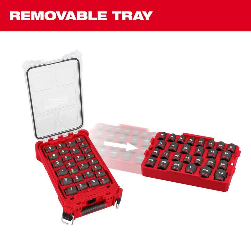 Juego de sockets Impact-Duty Milwaukee SHOCKWAVE de 1/2 pulgadas, Métrico y Estándar SAE para PACKOUT (juego de 27 piezas) - 49-66-6804