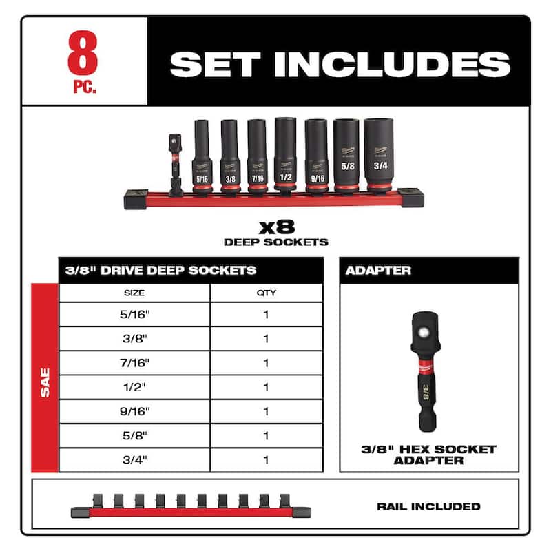 Juego de llaves de vaso Milwaukee SHOCKWAVE Impact Duty de 3/8 pulgadas SAE Deep Impact Rated (8 piezas) - 49-66-7024
