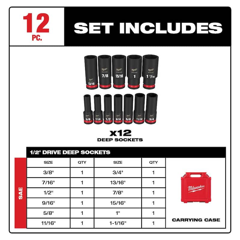 Juego de enchufes de impacto profundos Milwaukee SHOCKWAVE de 1/2 pulg. (12 piezas) - 49-66-7011