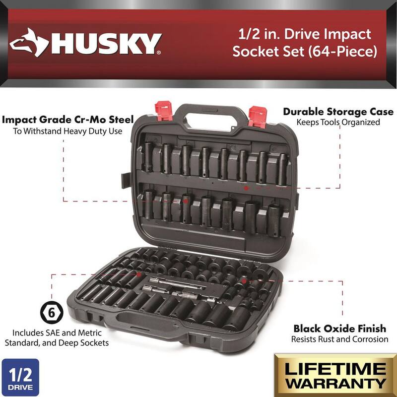 Juego de dados de impacto Husky de 1/2 pulg. de accionamiento SAE/métrico de 6 puntos (64 piezas) - H64IMPS.