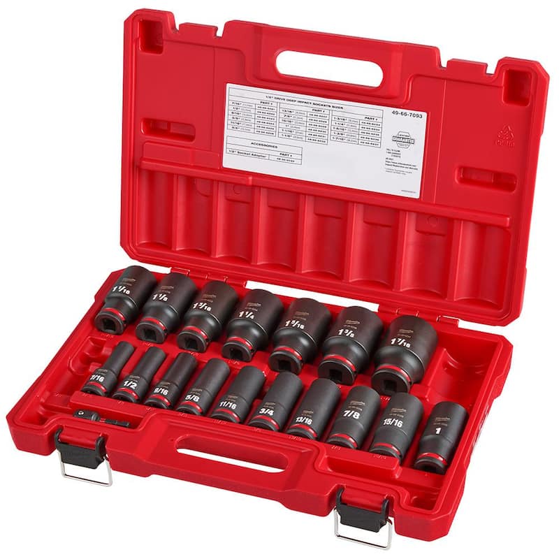 Set de 18 piezas de enchufes de impacto Milwaukee SHOCKWAVE media pulgada 6 puntos de punta profunda SAE (49-66-7093)