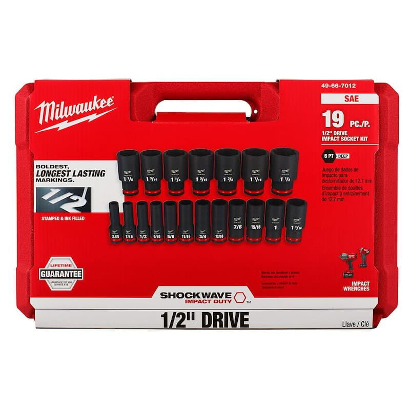 Juego de dados de impacto Milwaukee SHOCKWAVE de 1/2 pulgadas de accionamiento SAE de 6 puntos (19 piezas) - 49-66-7012
